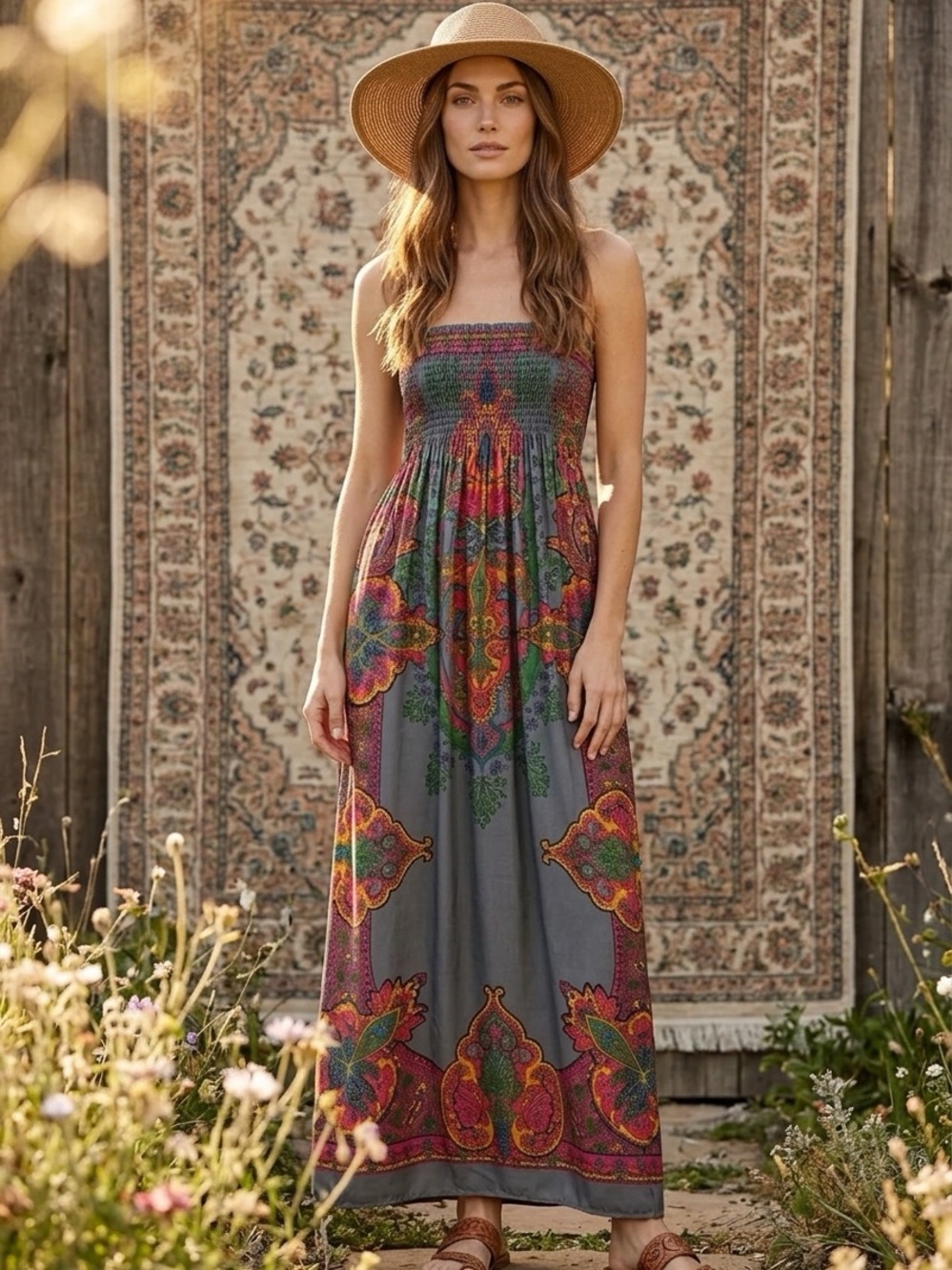 Flying Tomato Strapless Smocked Top Gray Maxi Dress with Pink & Green Paisley